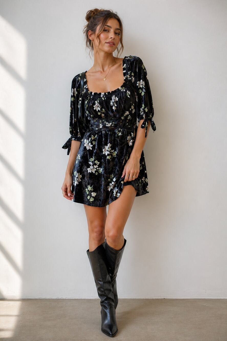 Hutch Black Floral Velvet Mini Dress Womens L Whimsigoth Boho Peasant Smocked